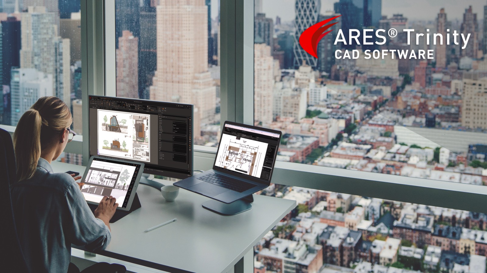 Blonde woman working with CAD in Manhattan